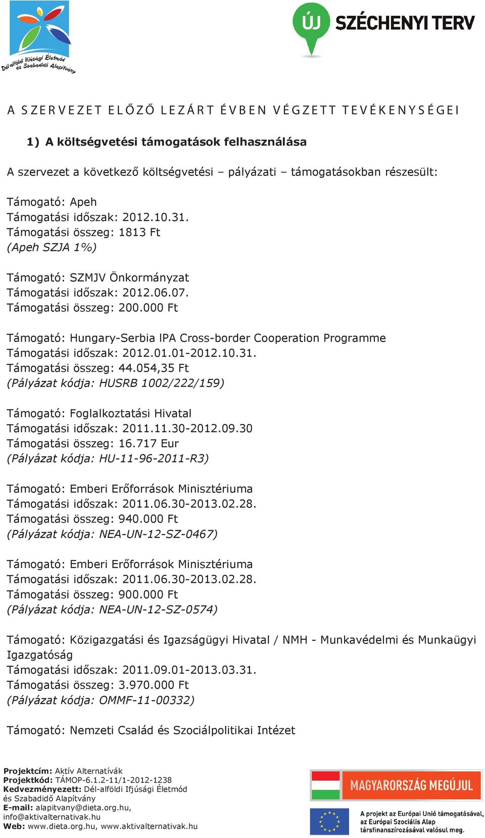 000 Ft Támogató: Hungary-Serbia lpa Cross-border Cooperation Programme Támogatási időszak: 2012.01.01-2012.10.31. Támogatási összeg: 44.