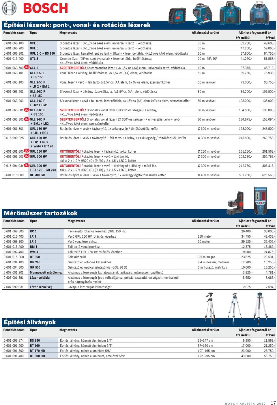 063,- 0 601 066 301 GPL 5 C + BS 150 5 pontos lézer, kerszttel fent és lent + állvány + lézer-céltábla, 4x1,5V-os (AA) elem, védőtáska 30 m 67.800,- 84.