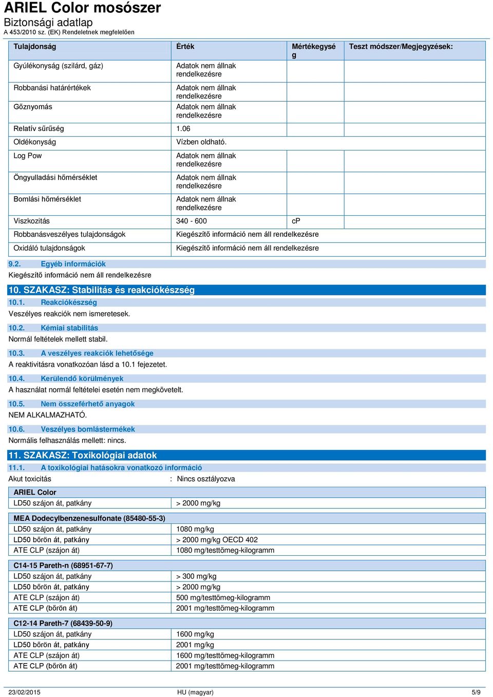 Viszkozitás 340-600 cp Robbanásveszélyes tulajdonságok Oxidáló tulajdonságok Kiegészítő információ nem áll Kiegészítő információ nem áll 9.2. Egyéb információk Kiegészítő információ nem áll 10.