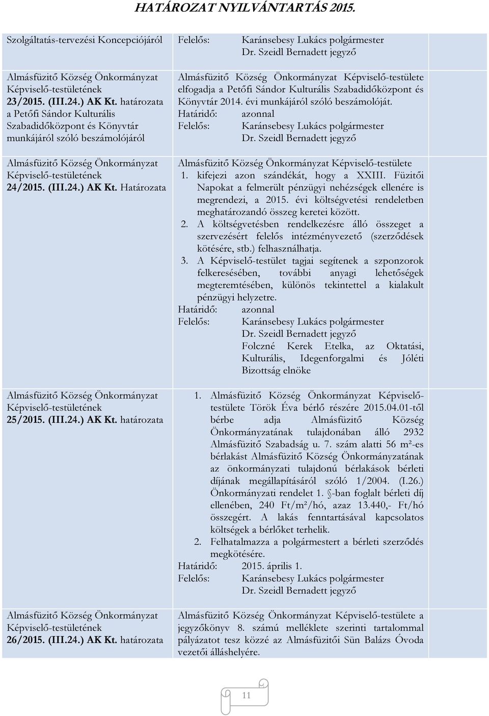 Képviselő-testülete 1. kifejezi azon szándékát, hogy a XXIII. Füzitői Napokat a felmerült pénzügyi nehézségek ellenére is megrendezi, a 2015.