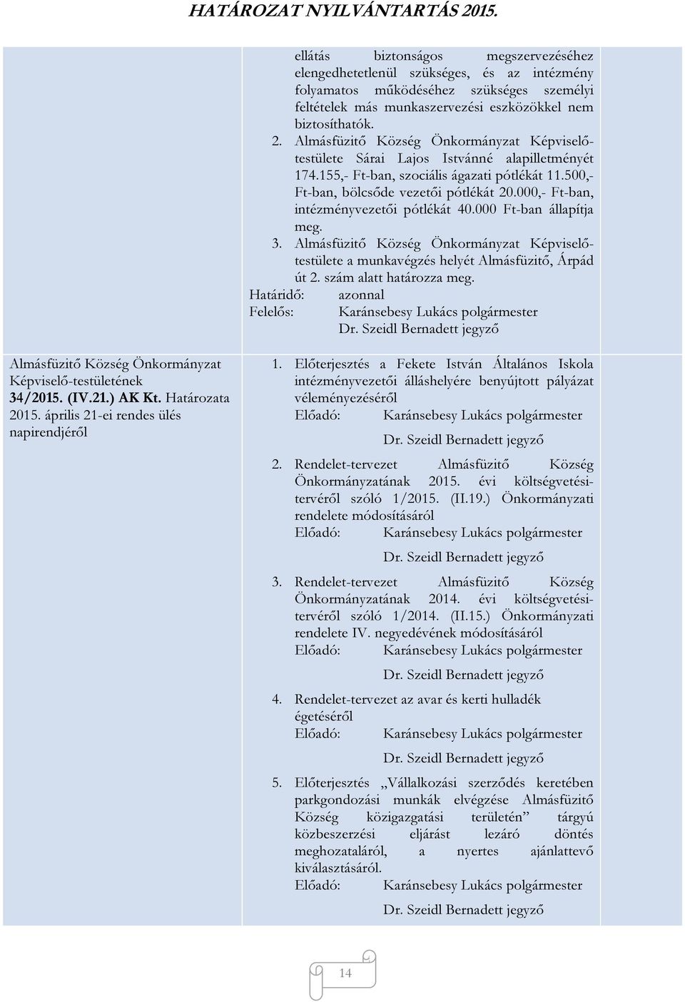 000 Ft-ban állapítja meg. 3. Képviselőtestülete a munkavégzés helyét Almásfüzitő, Árpád út 2. szám alatt határozza meg. 34/2015. (IV.21.) AK Kt. Határozata 2015.