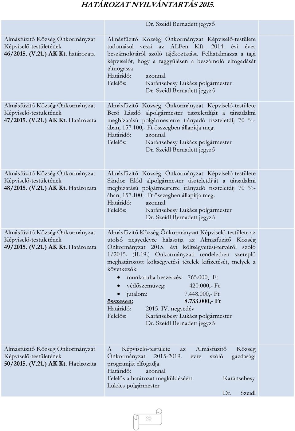 Képviselő-testülete Beró László alpolgármester tiszteletdíját a társadalmi megbízatású polgármesterre irányadó tiszteletdíj 70 %- ában, 157.100,- Ft összegben állapítja meg. 48/2015. (V.21.) AK Kt.