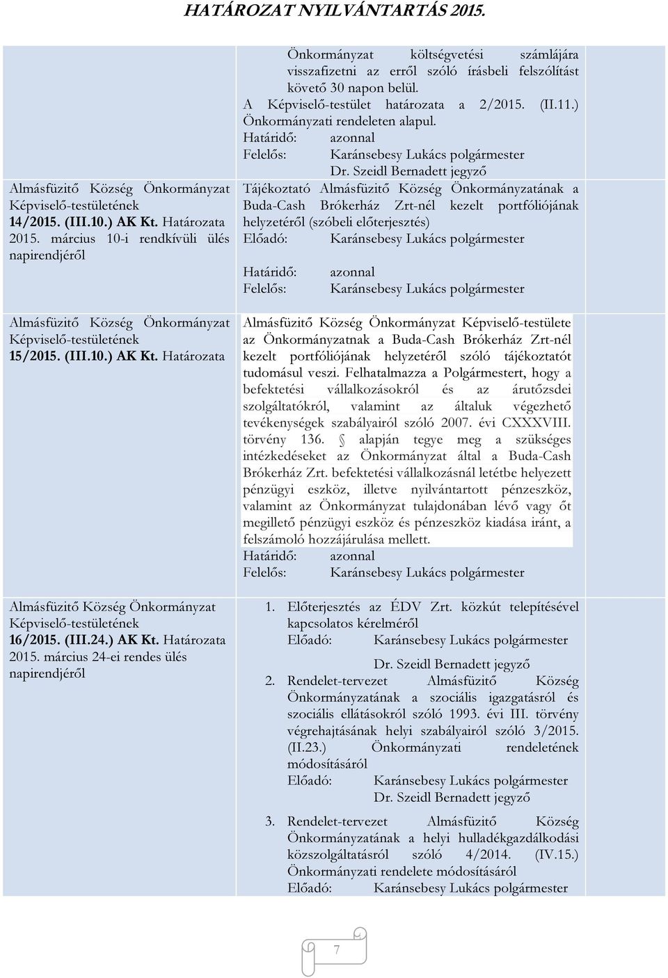 Tájékoztató ának a Buda-Cash Brókerház Zrt-nél kezelt portfóliójának helyzetéről (szóbeli előterjesztés) Képviselő-testülete az Önkormányzatnak a Buda-Cash Brókerház Zrt-nél kezelt portfóliójának