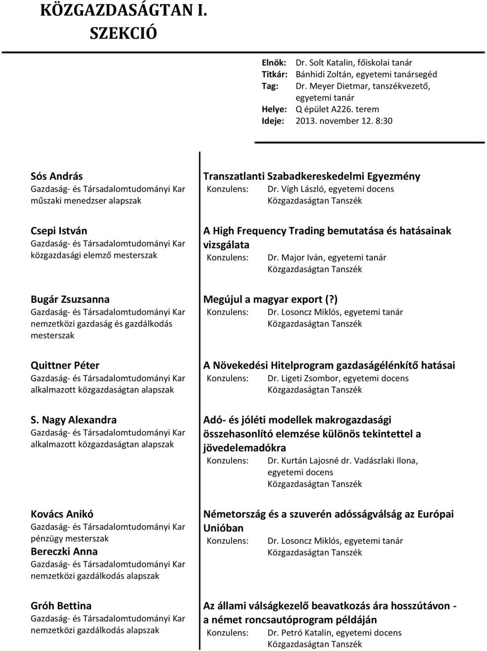 8:30 Sós András műszaki menedzser alapszak Csepi István közgazdasági elemző mesterszak Bugár Zsuzsanna nemzetközi gazdaság és gazdálkodás mesterszak Quittner Péter alkalmazott közgazdaságtan alapszak