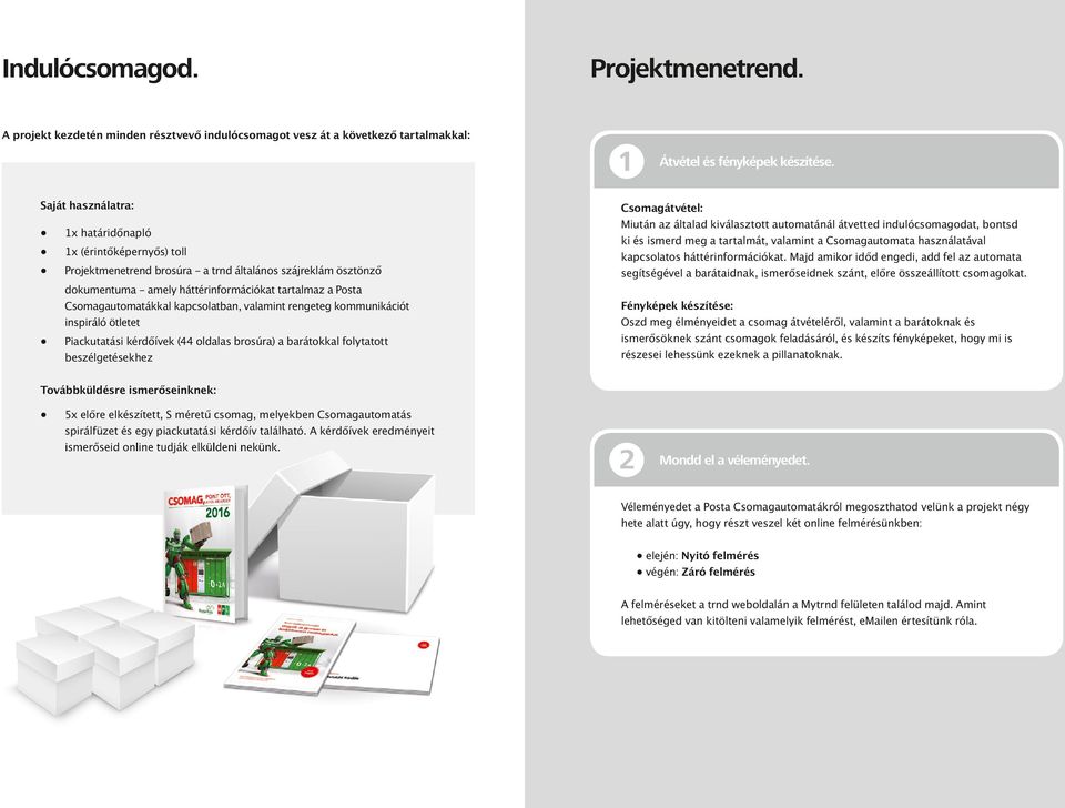 Csomagautomatákkal kapcsolatban, valamint rengeteg kommunikációt inspiráló ötletet Piackutatási kérdőívek (44 oldalas brosúra) a barátokkal folytatott beszélgetésekhez Csomagátvétel: Miután az