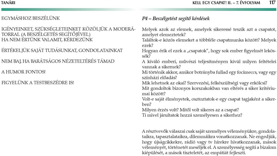 BAJ, HA BARÁTSÁGOS NÉZETELTÉRÉS TÁMAD A HUMOR FONTOS! FIGYELÜNK A TESTBESZÉDRE IS! P4 Beszélgetést segítő kérdések Melyek azok az elemek, amelyek sikeressé teszik azt a csapatot, amelyet elemeztetek?