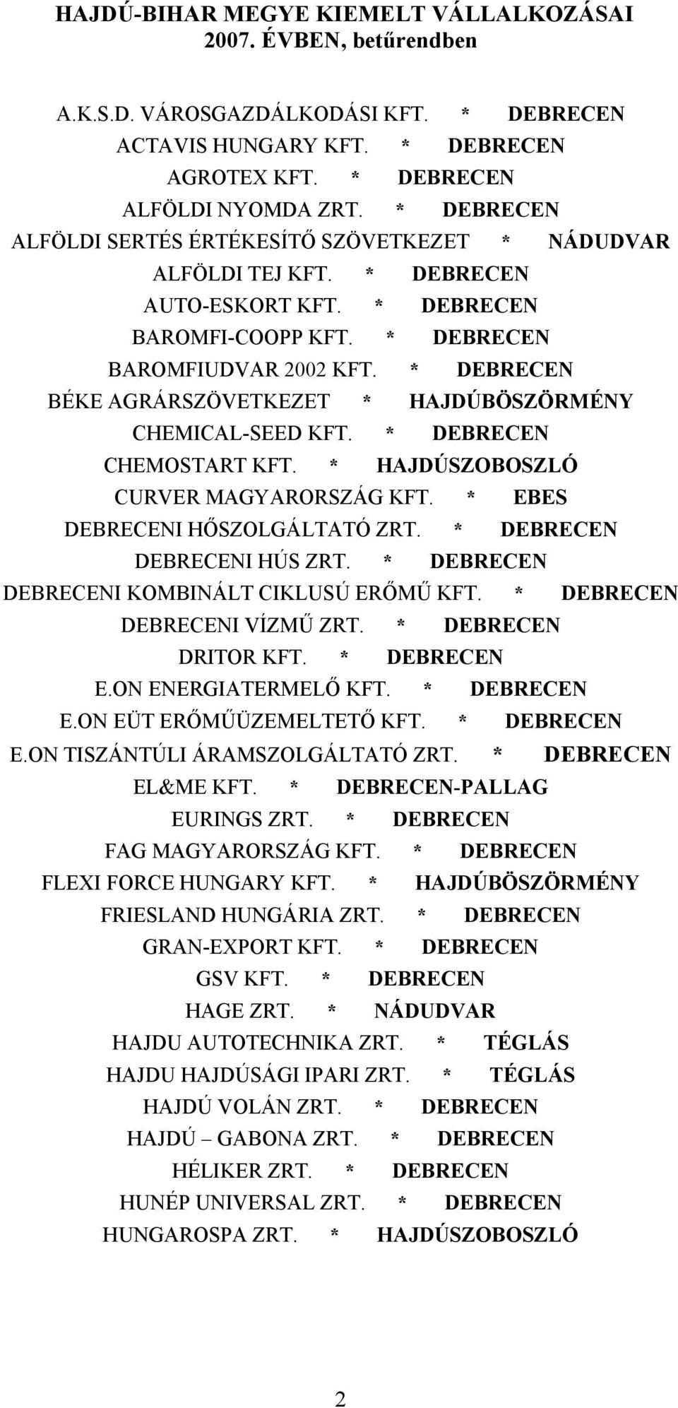 * DEBRECEN BÉKE AGRÁRSZÖVETKEZET * HAJDÚBÖSZÖRMÉNY CHEMICAL-SEED KFT. * DEBRECEN CHEMOSTART KFT. * HAJDÚSZOBOSZLÓ CURVER MAGYARORSZÁG KFT. * EBES DEBRECENI HŐSZOLGÁLTATÓ ZRT.