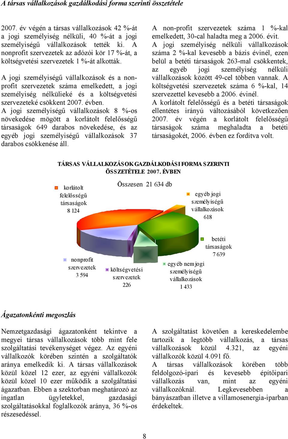 A jogi személyiségű vállalkozások és a nonprofit szervezetek száma emelkedett, a jogi személyiség nélkülieké és a költségvetési szervezeteké csökkent 2007. évben.