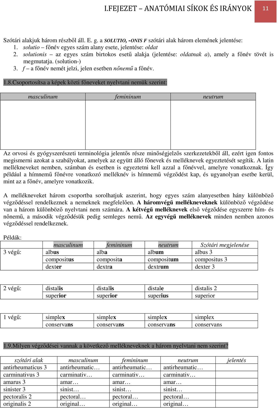 Csoportosítsa a képek közti fneveket nyelvtani nemük szerint: masculinum femininum neutrum Az orvosi és gyógyszerészeti terminológia jelents része minségjelzs szerkezetekbl áll, ezért igen fontos