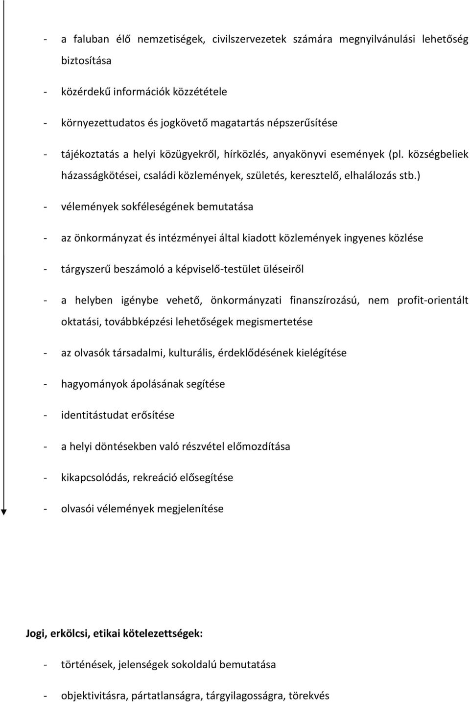 ) - vélemények sokféleségének bemutatása - az önkormányzat és intézményei által kiadott közlemények ingyenes közlése - tárgyszerű beszámoló a képviselő-testület üléseiről - a helyben igénybe vehető,