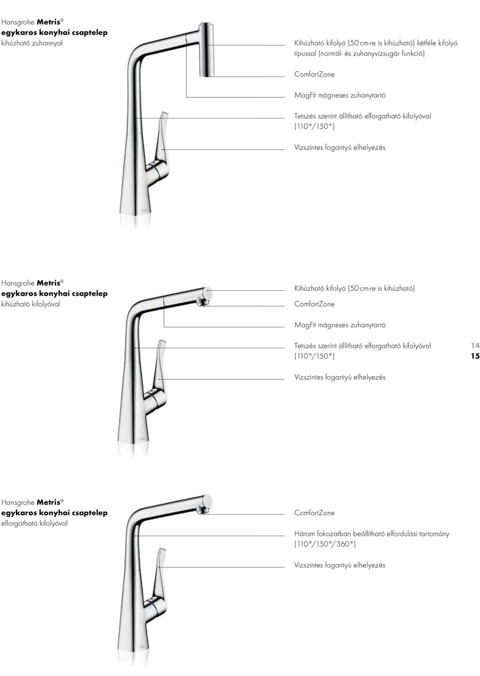 kifolyóval Kihúzható kifolyó (50 cm-re is kihúzható) ComfortZone MagFit mágneses zuhanytartó Tetszés szerint állítható elforgatható kifolyóval (110 /150 ) 14 15 Vízszintes fogantyú