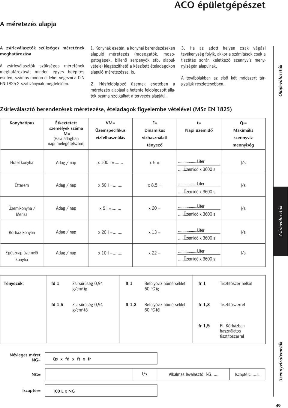 Konyhák esetén, a konyhai berendezéseken alapuló méretezés (mosogatók, mosogatógépek, billenô serpenyôk stb. alapulvétele) kiegészíthetô a készített ételadagokon alapuló méretezéssel is. 2.