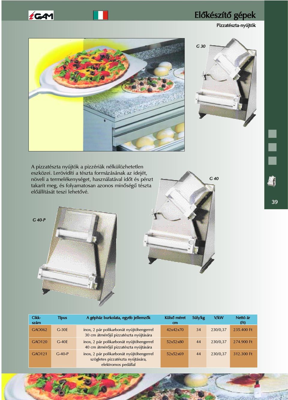 G 40 39 G 40-P Cikk- Típus A gépház burkolata, egyéb jellemzõk Külsõ méret Súly/kg V/kW Nettó ár szám cm (Ft) GAO062 G-30E inox, 2 pár polikarbonát nyújtóhengerrel 42x42x70 34 230/0,37 235.