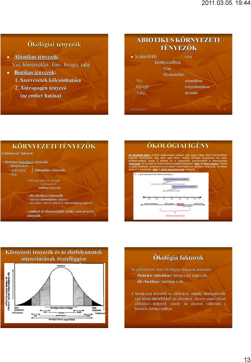 20:17 74 KÖRNYEZETI TÉNYEZŐK A környezet faktorai: élettelen (abiotikus) tényezők hőmérséklet nedvesség klimatikus tényezők fény közeg (talaj, víz, levegő) ÖKOLÓGIAI IGÉNY Az ökológiai igény: