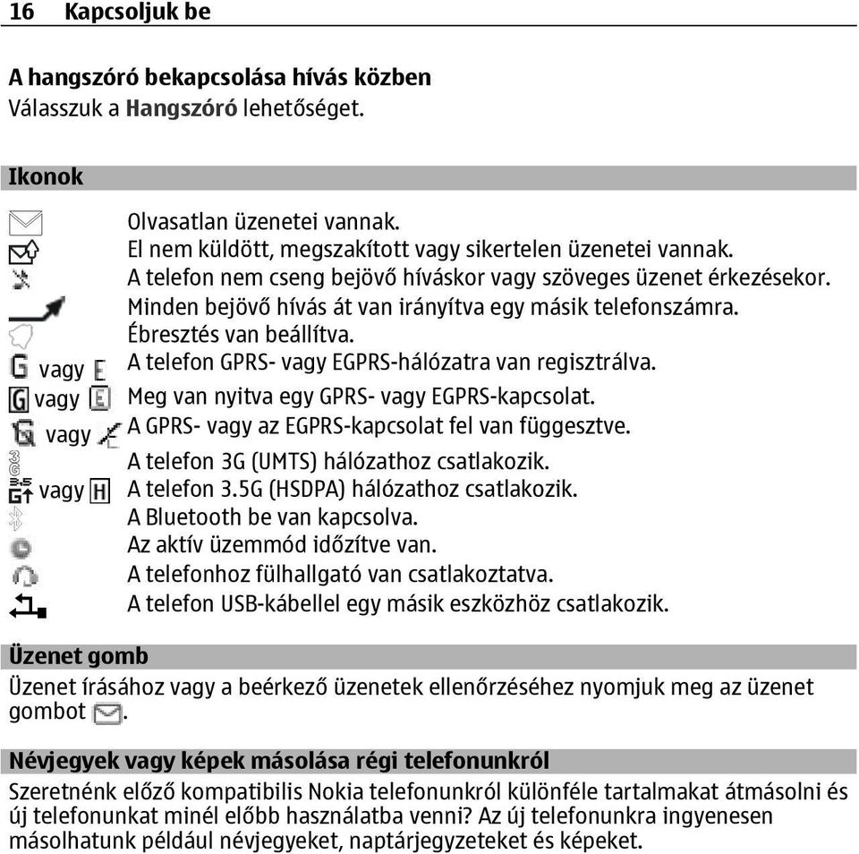 Ébresztés van beállítva. A telefon GPRS- vagy EGPRS-hálózatra van regisztrálva. Meg van nyitva egy GPRS- vagy EGPRS-kapcsolat. A GPRS- vagy az EGPRS-kapcsolat fel van függesztve.