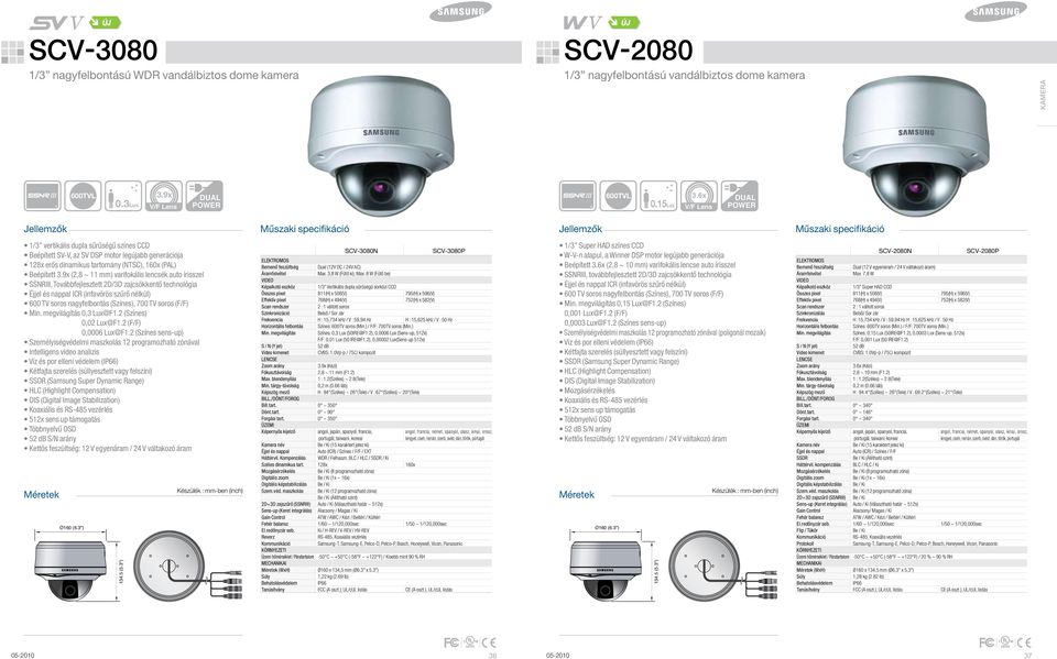 9x (2,8 ~ 11 mm) varifokális lencsék auto írisszel SSNRIII, Továbbfejlesztett 2D/3D zajcsökkentő technológia ICR (infavörös szűrő nélkül) 0,3 Lux@F1.2 (Színes) 0,02 Lux@F1.2 (F/F) 0,0006 Lux@F1.