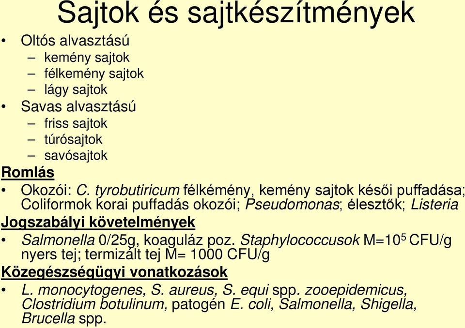 tyrobutiricum félkémény, kemény sajtok késői puffadása; Coliformok korai puffadás okozói; Pseudomonas; élesztők; Listeria Jogszabályi