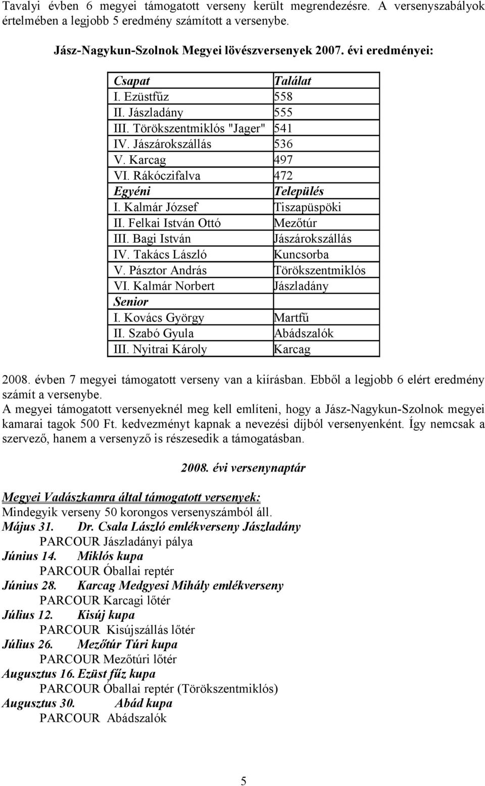 Kalmár József Tiszapüspöki II. Felkai István Ottó Mezőtúr III. Bagi István Jászárokszállás IV. Takács László Kuncsorba V. Pásztor András Törökszentmiklós VI. Kalmár Norbert Jászladány Senior I.