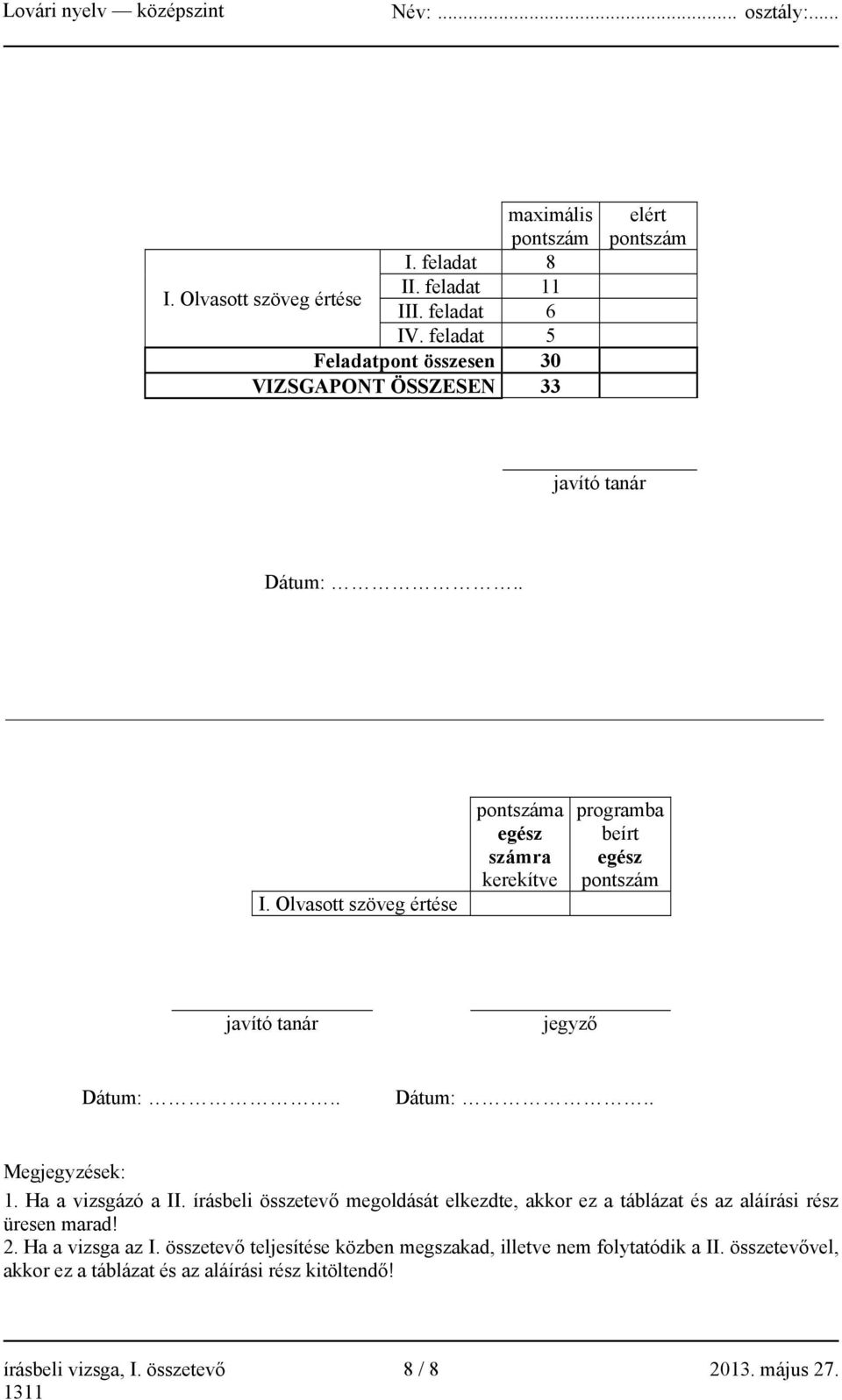 Olvasott szöveg értése pontszáma egész számra kerekítve programba beírt egész pontszám javító tanár jegyző Dátum:.. Dátum:.. Megjegyzések: 1. Ha a vizsgázó a II.