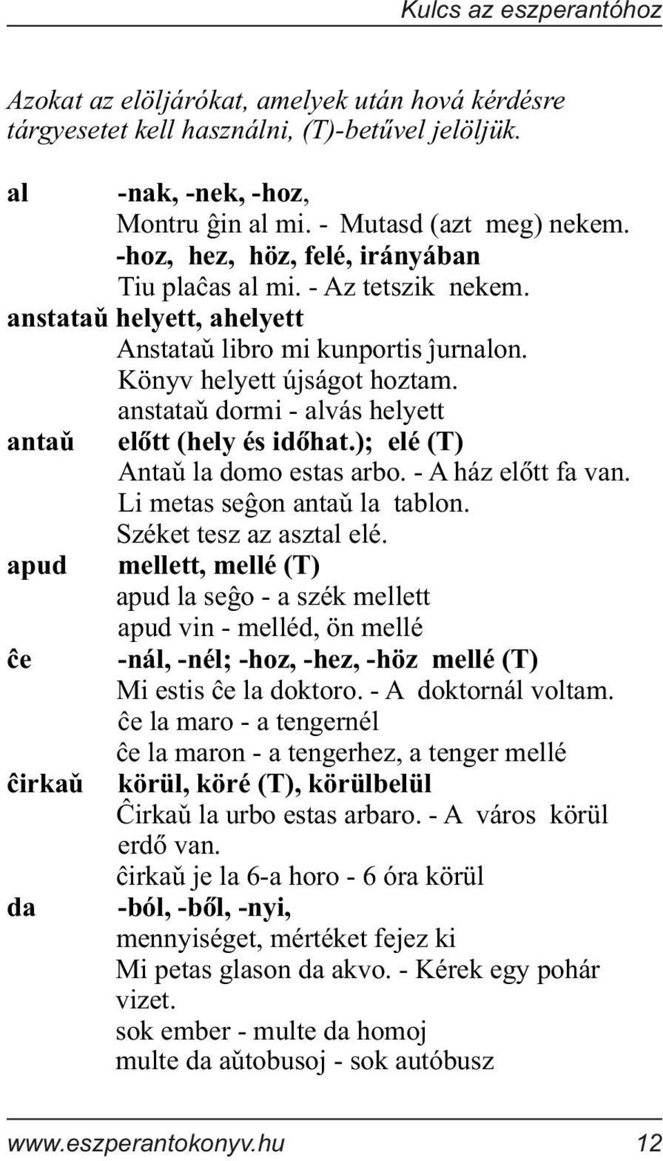 anstataª dormi - alvás helyett antaª elõtt (hely és idõhat.); elé (T) Antaª la domo estas arbo. - A ház elõtt fa van. Li metas seßon antaª la tablon. Széket tesz az asztal elé.