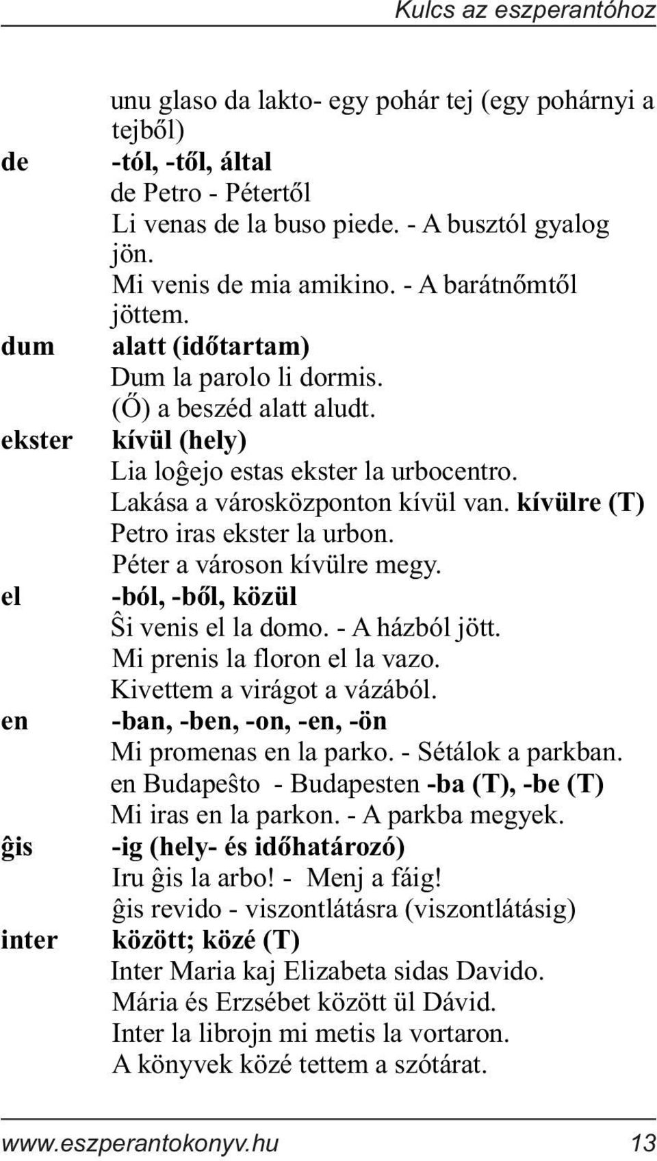 Lakása a városközponton kívül van. kívülre (T) Petro iras ekster la urbon. Péter a városon kívülre megy. -ból, -bõl, közül i venis el la domo. - A házból jött. Mi prenis la floron el la vazo.