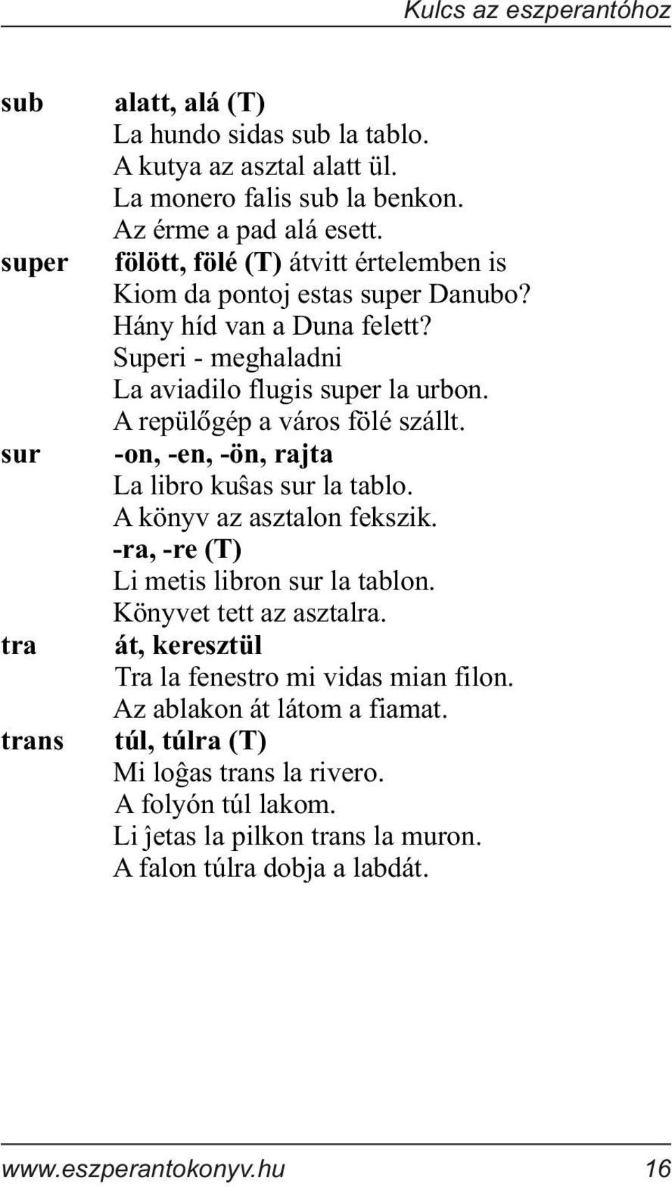 A repülõgép a város fölé szállt. -on, -en, -ön, rajta La libro kuùas sur la tablo. A könyv az asztalon fekszik. -ra, -re (T) Li metis libron sur la tablon.