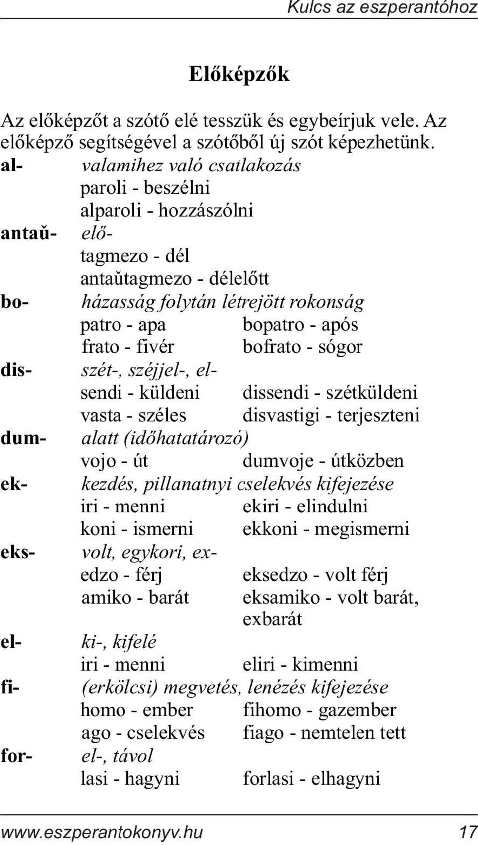 bofrato - sógor disszét-, széjjel-, elsendi - küldeni dissendi - szétküldeni vasta - széles disvastigi - terjeszteni dumalatt (idõhatatározó) vojo - út dumvoje - útközben ekkezdés, pillanatnyi