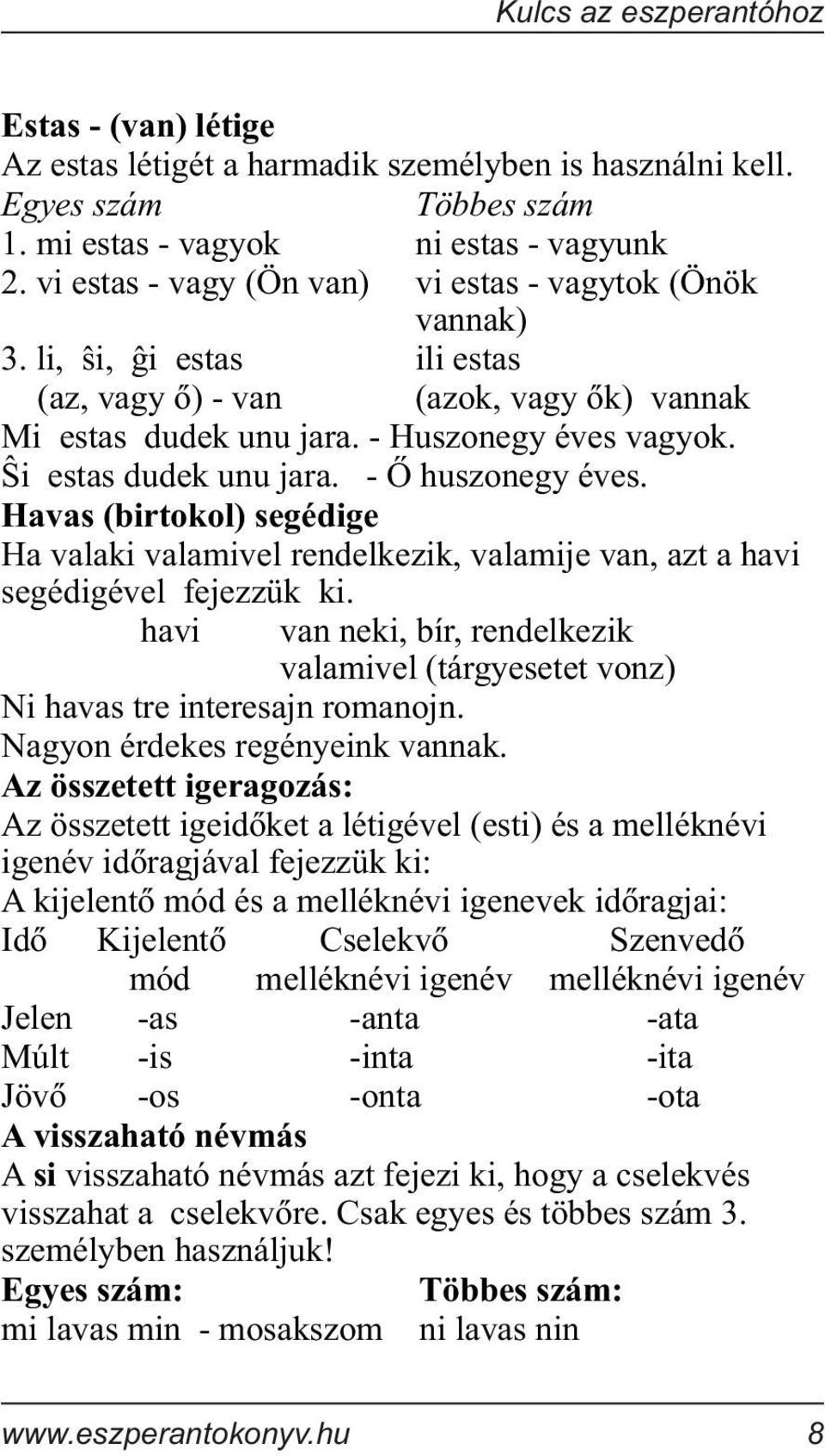 i estas dudek unu jara. - Õ huszonegy éves. Havas (birtokol) segédige Ha valaki valamivel rendelkezik, valamije van, azt a havi segédigével fejezzük ki.