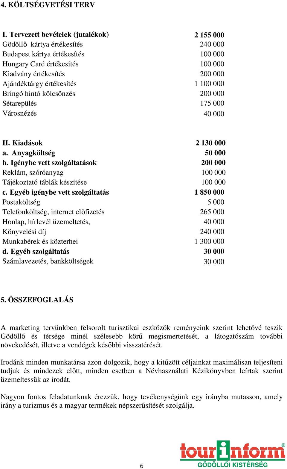 1 100 000 Bringó hintó kölcsönzés 200 000 Sétarepülés 175 000 Városnézés 40 000 II. Kiadások 2 130 000 a. Anyagköltség 50 000 b.