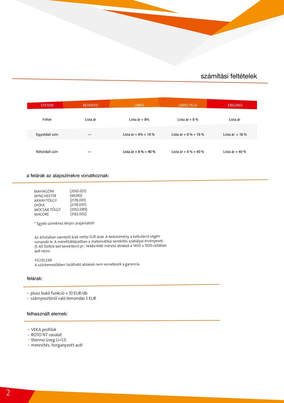 002) * Egyéb színekhez kérjen árajánlatot! Az árlistában szereplő árak netto EUR árak. A kedvezmény a kalkuláció végén vonandó le. A mérettáblázatban a matematikai kerekítés szabályai érvényesek.