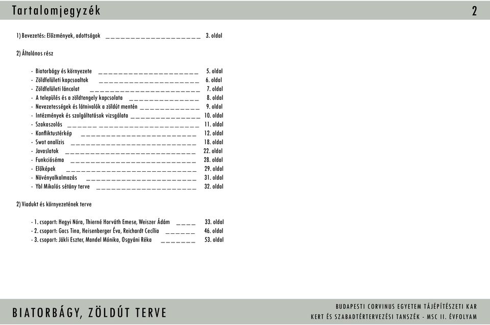 oldal - Konfliktustérkép _ 12. oldal - Swot analízis _ 18. oldal - Javaslatok 22. oldal - Funkcióséma _ 28. oldal - Előképek 29. oldal - Növényalkalmazás 31. oldal - Ybl Mikolós sétány terve 32.