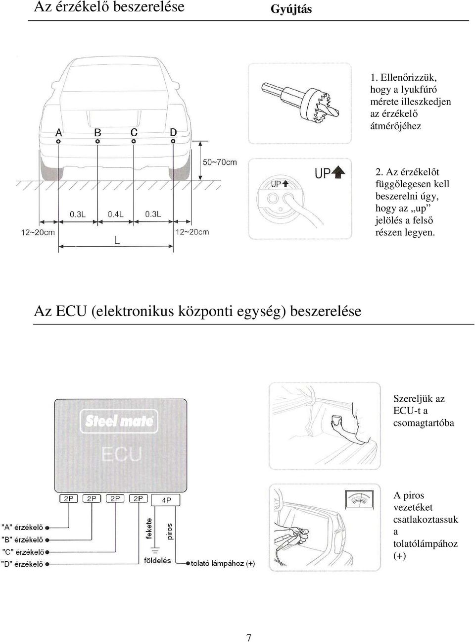 Az érzékelőt függőlegesen kell beszerelni úgy, hogy az up jelölés a felső részen