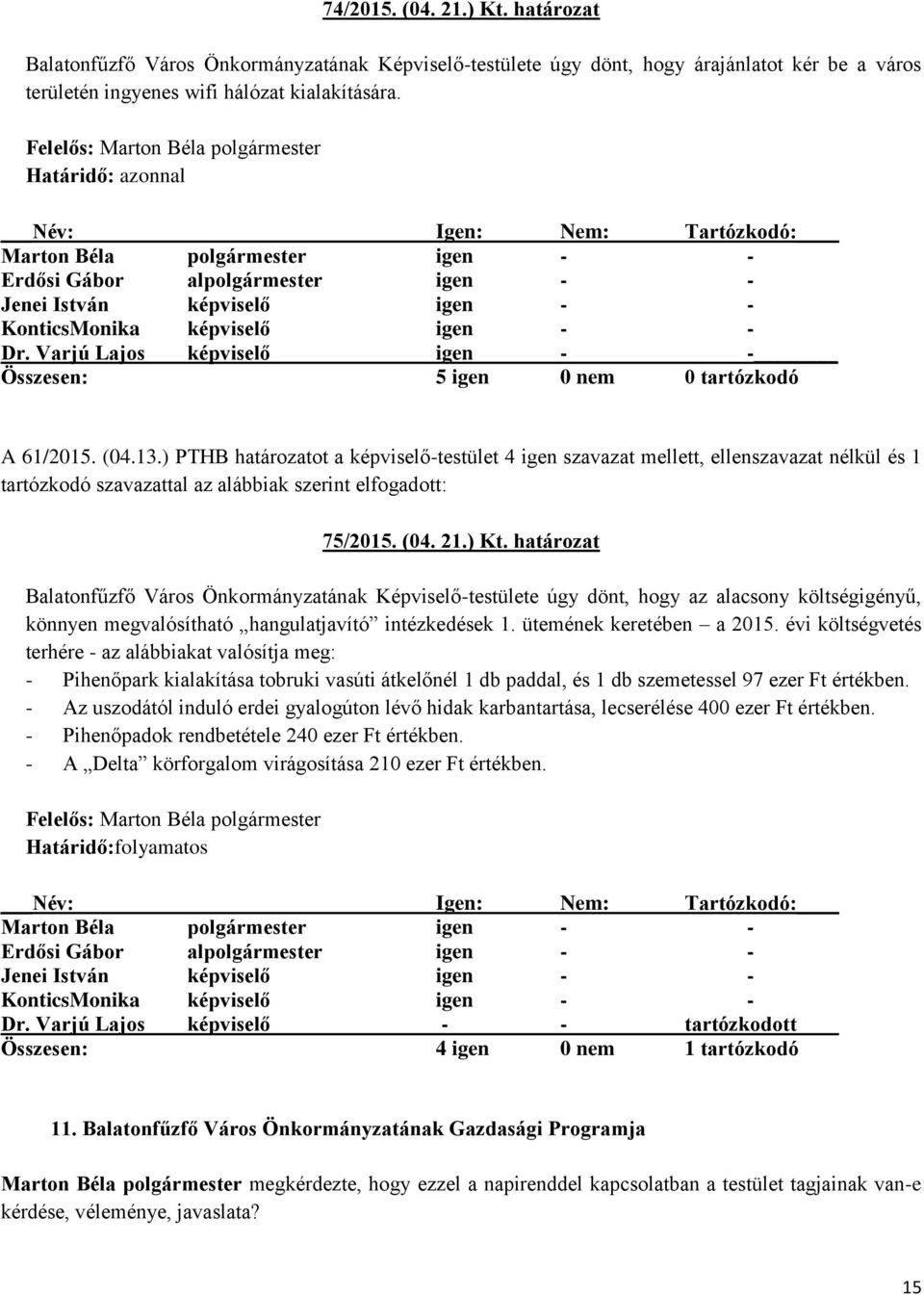 ) PTHB határozatot a képviselő-testület 4 igen szavazat mellett, ellenszavazat nélkül és 1 tartózkodó szavazattal az alábbiak szerint elfogadott: 75/2015. (04. 21.) Kt.