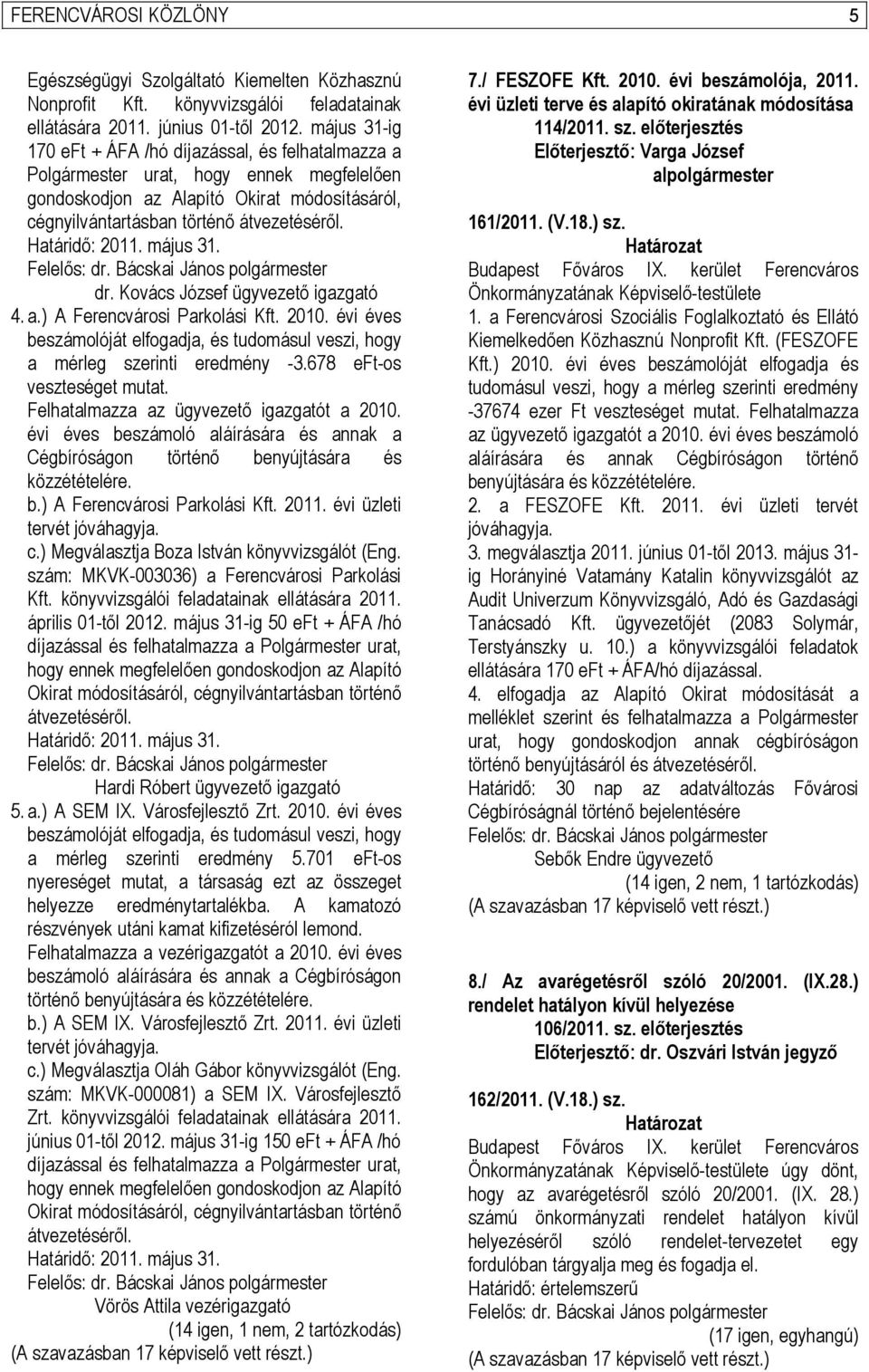 Határidő: 2011. május 31. Felelős: dr. Bácskai János polgármester dr. Kovács József ügyvezető igazgató 4. a.) A Ferencvárosi Parkolási Kft. 2010.