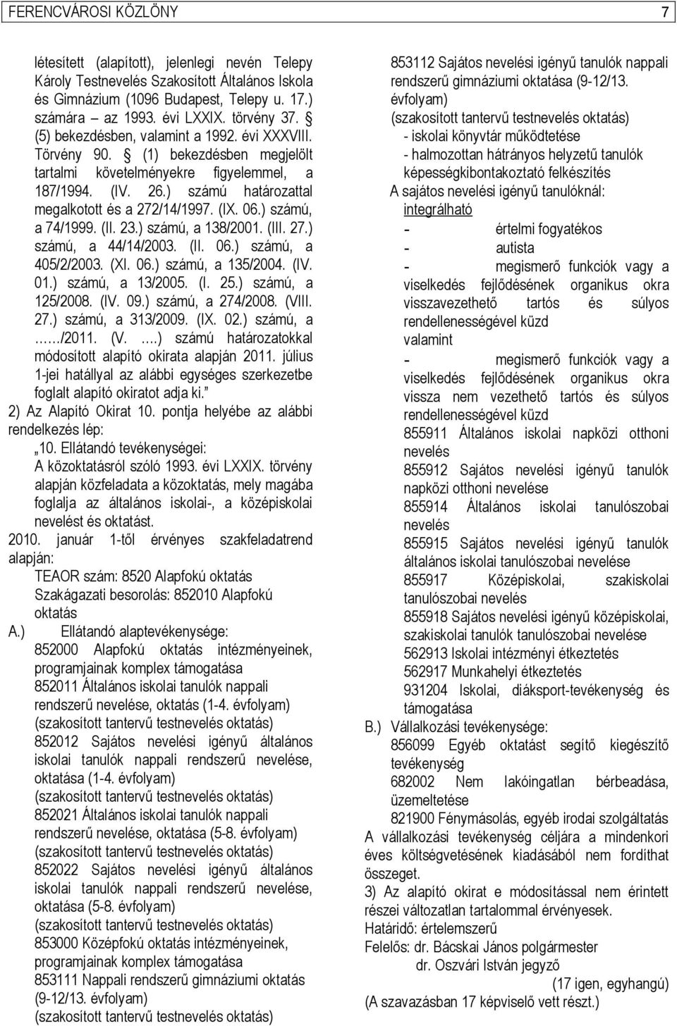 ) számú határozattal megalkotott és a 272/14/1997. (IX. 06.) számú, a 74/1999. (II. 23.) számú, a 138/2001. (III. 27.) számú, a 44/14/2003. (II. 06.) számú, a 405/2/2003. (XI. 06.) számú, a 135/2004.