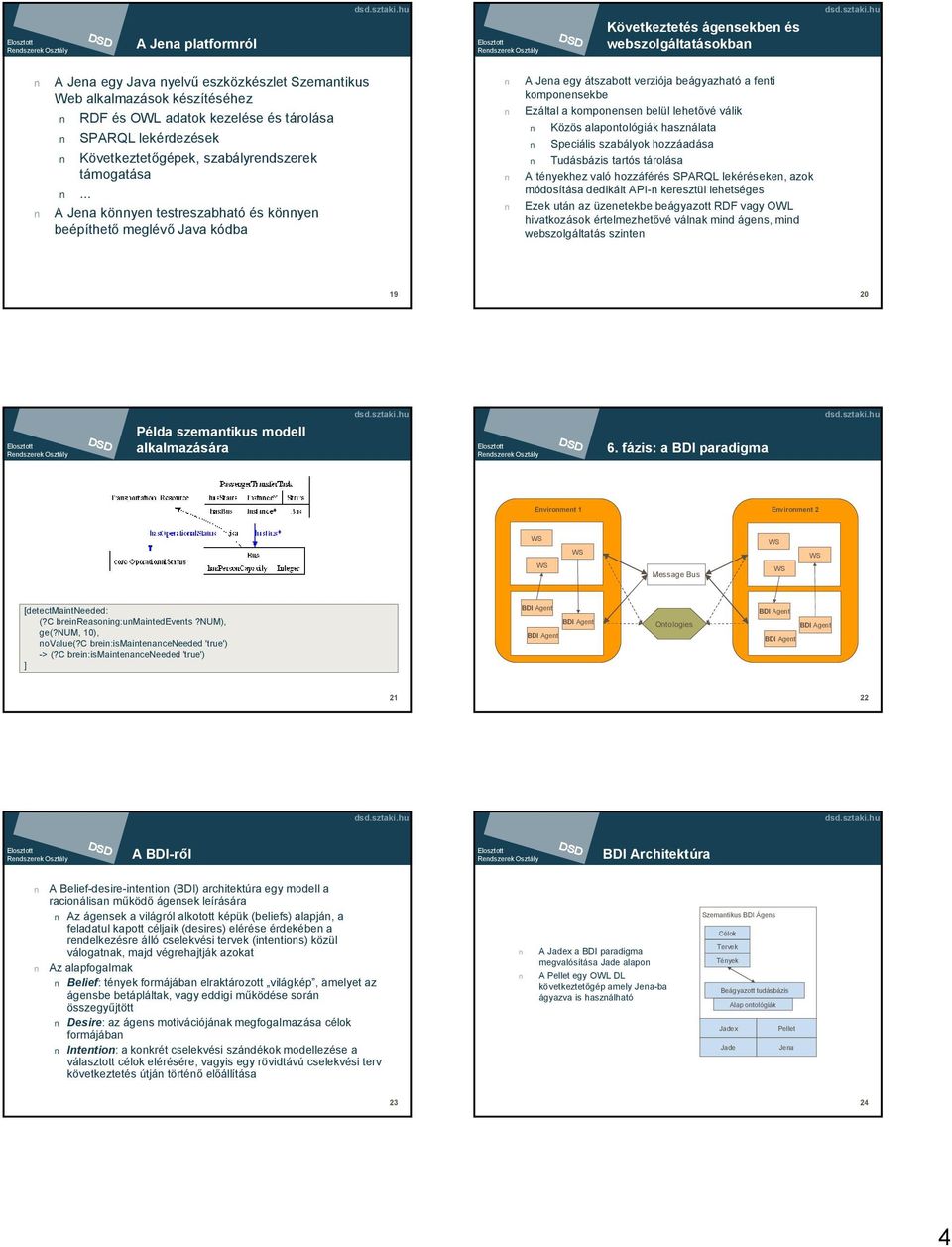 hu A Jena egy Java nyelvű eszközkészlet Szemantikus Web alkalmazások készítéséhez RDF és OWL adatok kezelése és tárolása SPARQL lekérdezések Következtetőgépek, szabályrendszerek támogatása.