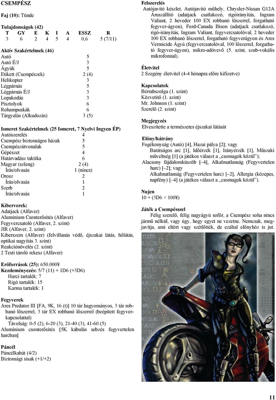 5 Gépészet 4 Határvadász taktika 6 Magyar (szleng) 2 (4) Írás/olvasás 1 (nincs) Orosz 2 Írás/olvasás 1 Szerb 2 Írás/olvasás 1 Kiberverek: Adatjack (Alfaver) Alumínium Csonterősítés (Alfaver)