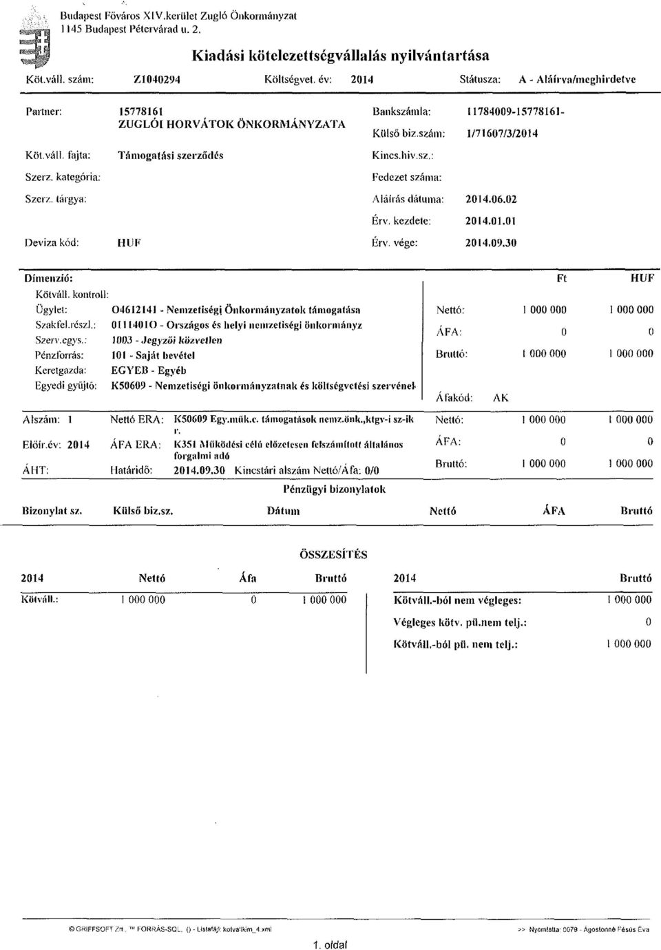 kategória: Támogatási szerződés Kincs.hiv.sz,: Fedezet száma: Szer/., tárgya: Aláírás dátuma: 2014.06.02 Érv. kezdete: 2014.01.01 Deviza kód: HUF Érv. vége: 2014.09.30 Dimenzió: Kötváli.