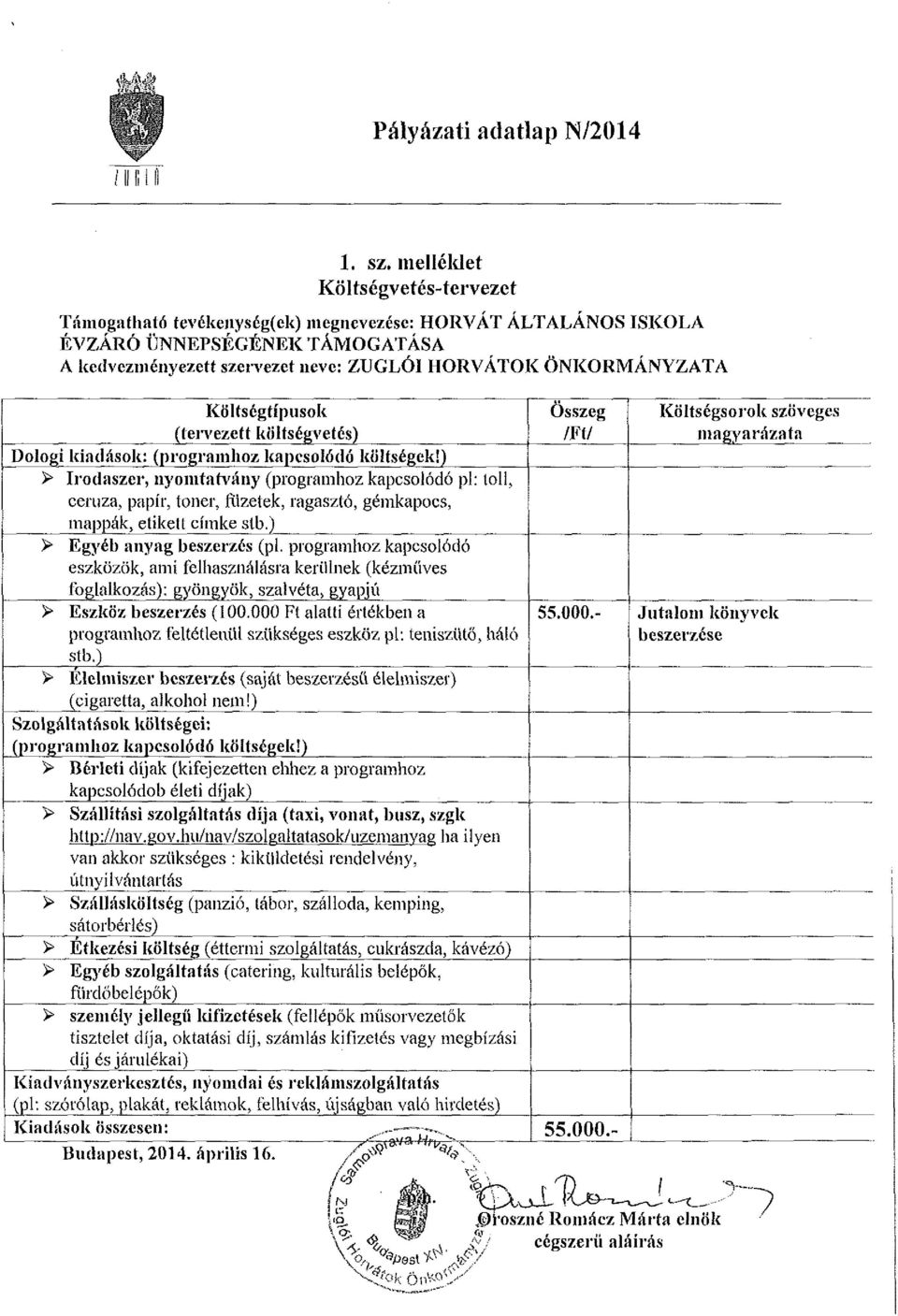 Összeg /Ft/ Költségsorok szöveges magyarázata 55.000.- Jntalom könyvek beszerzése Költségtípusok (tervezett költségvetés) Dologi kiadások: (programhoz kapcsolódó költségek!