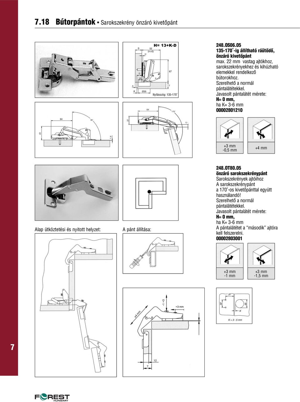 ha K= 3-6 mm 00002801210 +3 mm -0,5 mm +4 mm Alap ütköztetési és nyitott helyzet: A pánt állítása: 248.OT80.