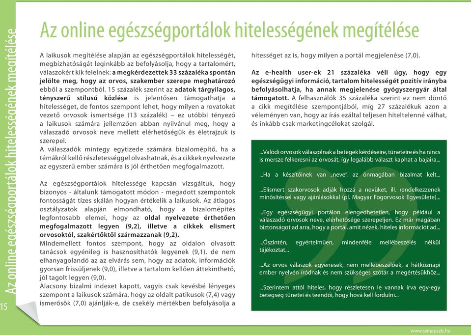 15 százalék szerint az adatok tárgyilagos, tényszerű stílusú közlése is jelentősen támogathatja a hitelességet, de fontos szempont lehet, hogy milyen a rovatokat vezető orvosok ismertsége (13