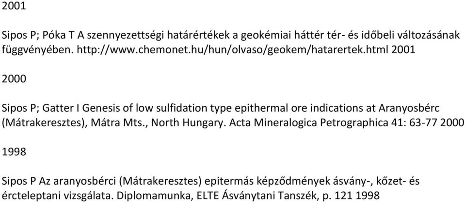 html 2001 2000 Sipos P; Gatter I Genesis of low sulfidation type epithermal ore indications at Aranyosbérc (Mátrakeresztes), Mátra