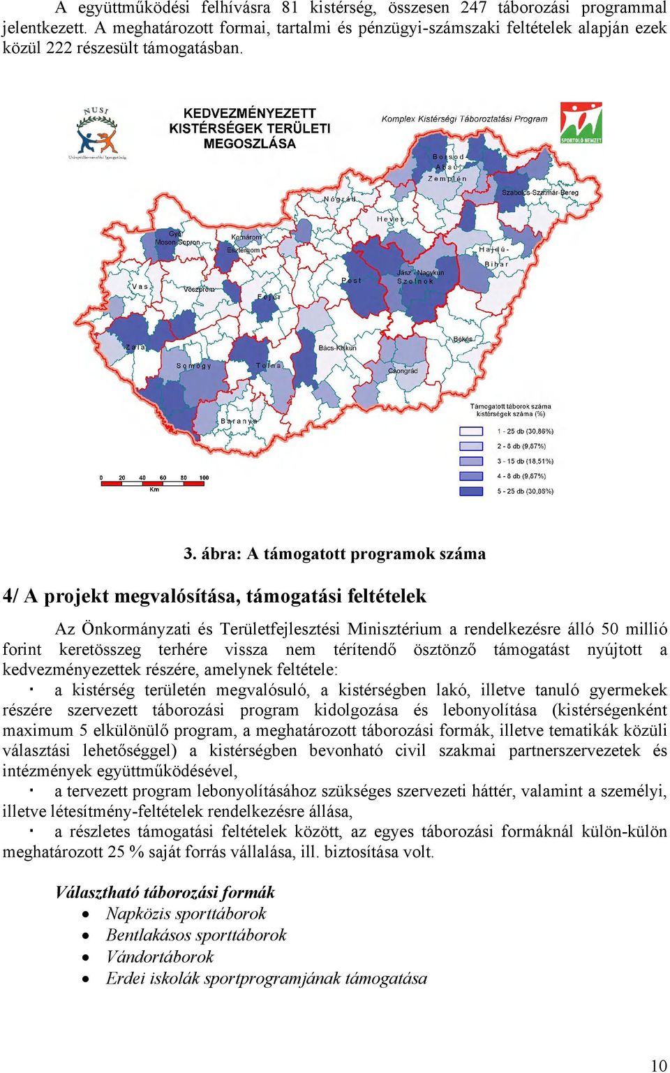 ábra: A támogatott programok száma 4/ A projekt megvalósítása, támogatási feltételek Az Önkormányzati és Területfejlesztési Minisztérium a rendelkezésre álló 50 millió forint keretösszeg terhére