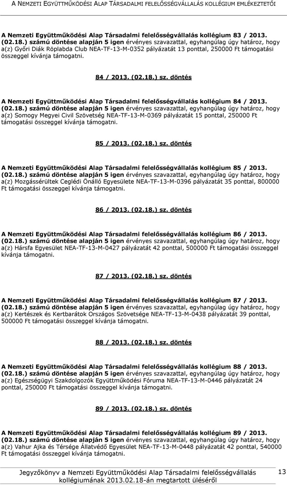 döntés A Nemzeti Együttműködési Alap Társadalmi felelősségvállalás kollégium 85 / 2013. a(z) Mozgássérültek Ceglédi Önálló Egyesülete NEA-TF-13-M-0396 pályázatát 35 ponttal, 800000 Ft 86 / 2013. (02.