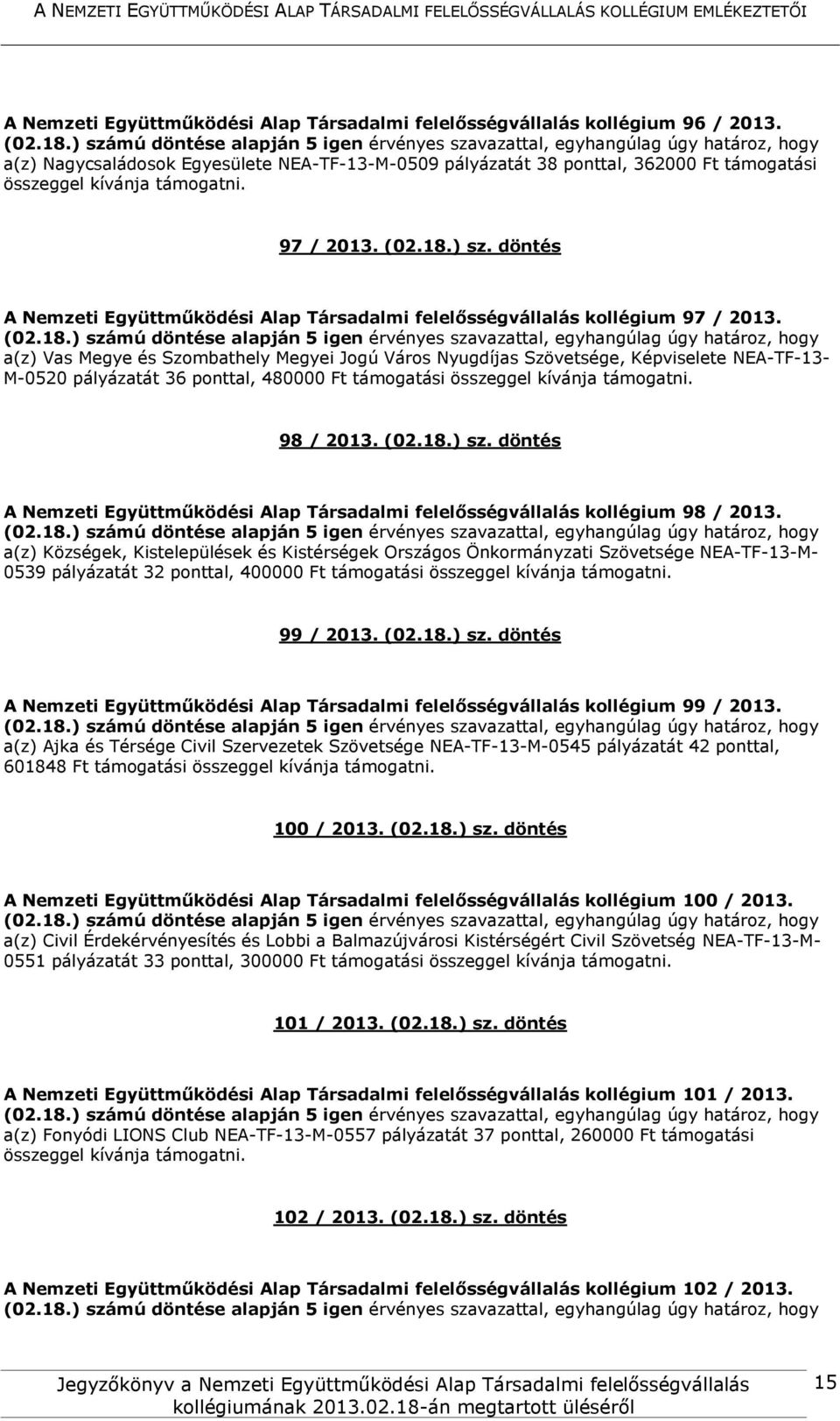 a(z) Vas Megye és Szombathely Megyei Jogú Város Nyugdíjas Szövetsége, Képviselete NEA-TF-13- M-0520 pályázatát 36 ponttal, 480000 Ft 98 / 2013. (02.18.) sz.