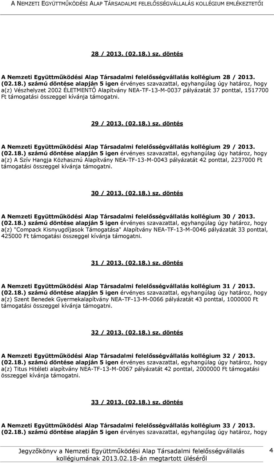 döntés A Nemzeti Együttműködési Alap Társadalmi felelősségvállalás kollégium 29 / 2013. a(z) A Szív Hangja Közhasznú Alapítvány NEA-TF-13-M-0043 pályázatát 42 ponttal, 2237000 Ft 30 / 2013. (02.18.