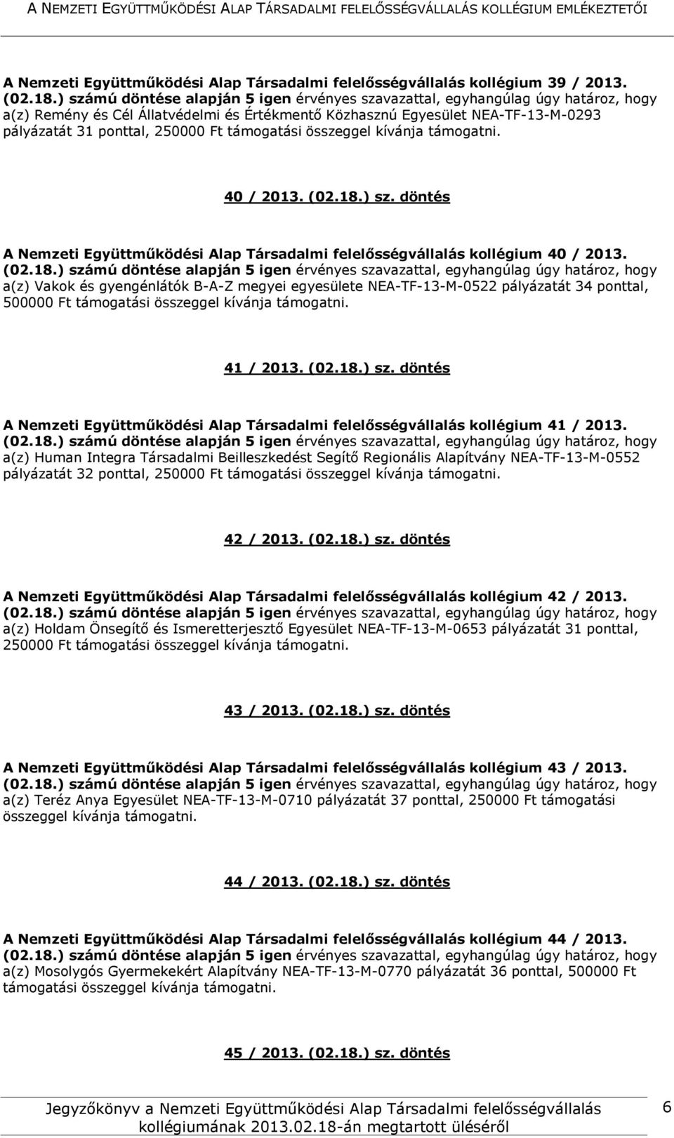 döntés A Nemzeti Együttműködési Alap Társadalmi felelősségvállalás kollégium 40 / 2013. a(z) Vakok és gyengénlátók B-A-Z megyei egyesülete NEA-TF-13-M-0522 pályázatát 34 ponttal, 500000 Ft 41 / 2013.