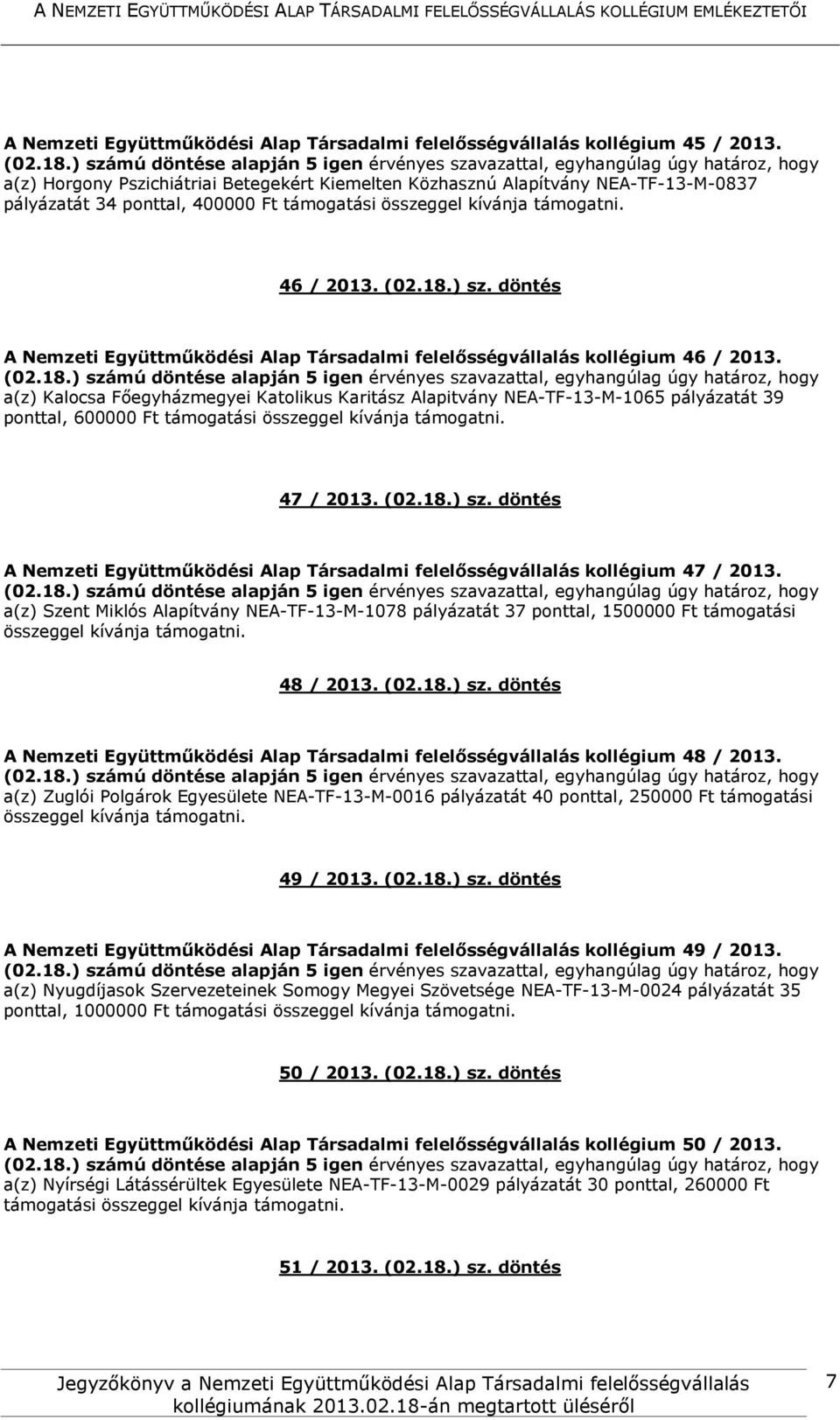 döntés A Nemzeti Együttműködési Alap Társadalmi felelősségvállalás kollégium 46 / 2013.