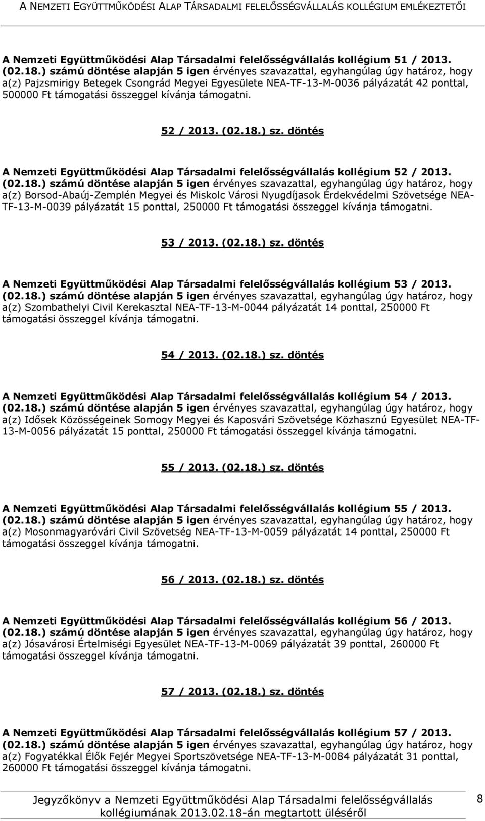 a(z) Borsod-Abaúj-Zemplén Megyei és Miskolc Városi Nyugdíjasok Érdekvédelmi Szövetsége NEA- TF-13-M-0039 pályázatát 15 ponttal, 250000 Ft 53 / 2013. (02.18.) sz.