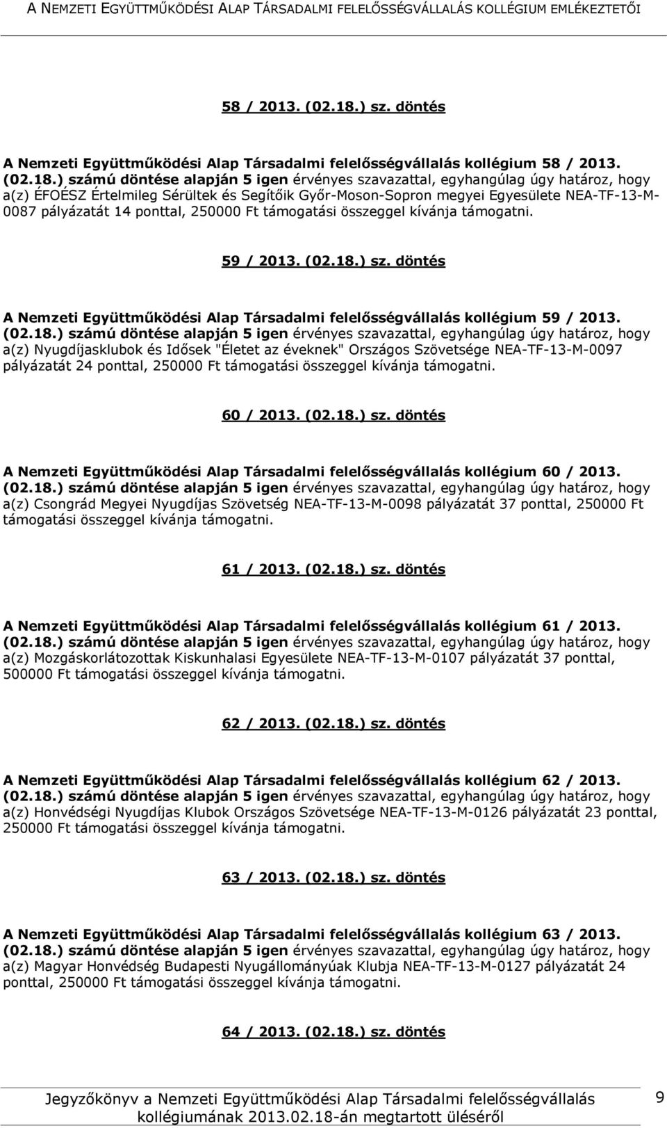 döntés A Nemzeti Együttműködési Alap Társadalmi felelősségvállalás kollégium 59 / 2013.